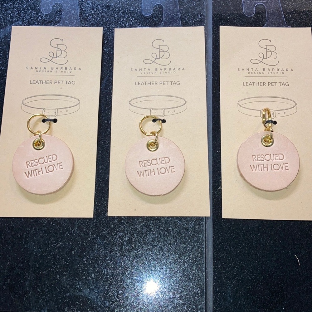 NWT Set  of 3 Santa Barbara Design Leather Pet Tag Rescued with Love